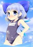  blue_eyes blue_hair blue_sky blush bow cirno cloud clouds flat_chest hair_bow hand_on_hip hips school_swimsuit short_hair sky solo swimsuit touhou translated uta_(kuroneko) water wings 