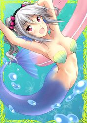  :d armpits arms_up idolmaster idolmaster_cinderella_girls kanzaki_ranko kirisaki_byakko mermaid monster_girl open_mouth pink_eyes shell shell_bikini short_hair silver_hair smile solo twintails 