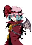  bat_wings blue_hair chain chains curse_maker curse_maker_(cosplay) hat hat_ribbon red_eyes remilia_scarlet ribbon sekaiju_no_meikyuu short_hair simple_background smile torn_clothes touhou white_background wings yoshiharu_(ryoji) 