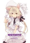  androgynous animal_ears artist_name blonde_hair bow choker dress_grab gloves hand_on_hat hat large_bow long_hair low_twintails open_mouth orange_eyes original shiromiso simple_background solo text twintails white white_background 