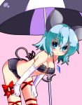  alternate_costume alternate_eye_color alternate_hair_color animal_ears aqua_eyes aqua_hair bent_over blush breasts cleavage elbow_gloves gin_(shioyude) gloves leg_ribbon mouse_ears mouse_tail nazrin pink_background race_queen short_hair simple_background solo tail touhou umbrella 