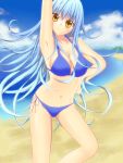  bikini blue_hair breasts cleavage cloud clouds collarbone long_hair navel ocean original outstretched_arms sky smile solo swift swimsuit yellow_eyes 