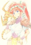  agahari alisia_dragoon alisia_dragoon_(character) animal boomerang_lizard copyright_request long_hair orange_hair ponytail shoulder_pads simple_background smile solo striped traditional_media white_background 