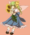  bow daiyousei dress fairy_wings flower green_eyes green_hair hair_bow inazakura00 mary_janes open_mouth puffy_sleeves shoes short_hair short_sleeves side_ponytail socks solo sunflower touhou white_legwear wings 