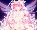  bad_id bow dress duplicate gloves glowing glowing_wings goddess_madoka hair_bow hands_clasped highres kaname_madoka laevateinn_(artist) long_hair looking_at_viewer mahou_shoujo_madoka_magica open_mouth pink_dress pink_eyes pink_hair silhouette solo two_side_up ultimate_madoka white_gloves wings 