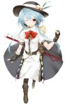  ;) blue_hair boots fingerless_gloves frog gloves grin hat hat_ribbon hinanawi_tenshi looking_at_viewer red_eyes ribbon sheath sheathed short_hair simple_background smile solo sword takemori_shintarou touhou weapon white_background wink 