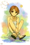  absurdres aizawa_natsumi bare_shoulders brown_eyes brown_hair dress feet hair_ornament hands_on_feet hidari_(left_side) highres legs natsuiro_kiseki scan short_hair sitting solo sundress toes 