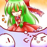  &gt;:) alternate_hairstyle arm_ribbon blush bow chibi closed_eyes eyes_closed green_hair hair_bow hair_ribbon kagiyama_hina kedama long_hair lowres o_o open_mouth ribbon smile solo tilde_(ice_cube) touhou very_long_hair |_| 