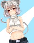  alternate_costume animal_ears belt blush crossed_arms frown looking_at_viewer mound_of_venus mouse_ears mouse_tail nazrin nnyara nyara_nico red_eyes ribbed_sweater short_hair shorts simple_background sleeveless solo sweater tail touhou 