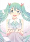  aqua_eyes aqua_hair cover hair_ribbon hatsune_miku long_hair looking_at_viewer mina_m open_mouth outstretched_hand petals ribbon sleeveless smile solo twintails very_long_hair vocaloid 