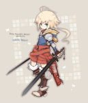  ahoge armor bangs blonde_hair blue_eyes boots brown_background butterfly character_name child final_fantasy final_fantasy_tactics_advance fingerless_gloves gloves holding male marche_radiuju shima_h shorts solo sword title_drop weapon 