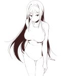  1girl breasts dated hair_between_eyes hairband hand_on_thigh highres hyouka irisu_fuyumi large_breasts lineart long_hair monochrome one-piece_swimsuit sasamori_tomoe solo sweat swimsuit very_long_hair 