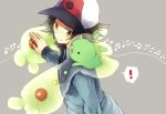  1boy black_hair hat jacket kyouhei_(pokemon) male pokemon pokemon_(creature) pokemon_(game) pokemon_bw pokemon_bw2 reuniclus sable_(sutec) short_hair simple_background smile solo touya_(pokemon) yellow_eyes 