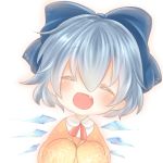  alternate_costume blue_hair blush bow cirno closed_eyes detached_wings fang hair_bow ice ice_wings open_mouth shii_(cocoa) short_hair solo touhou wings 