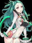  black_background blush bodysuit breasts character_request female green_hair holding junketsu_duelion junketsu_duelion long_hair looking_at_viewer navel official_art open_mouth original red_eyes remana simple_background smile solo text translated translation_request weapon 