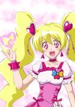 1girl \m/ blonde_hair cellphone choker cure_peach dress earrings fresh_precure! hair_ornament heart jewelry long_hair looking_at_viewer magical_girl marimon_m momozono_love open_mouth phone pink_dress pink_eyes precure ribbon smile solo standing twintails wrist_cuffs 