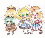 blonde_hair blush bow bucket chibi closed_eyes detached_sleeves eyes_closed fang green_eyes green_hair hair_bobbles hair_bow hair_ornament heart horn hoshiguma_yuugi in_bucket in_container kisume kurodani_yamame long_hair mizuhashi_parsee multiple_girls open_mouth pointy_ears puffy_sleeves scarf short_hair short_sleeves shuiro touhou twintails white_background