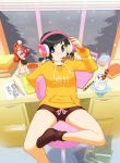  1girl bangs black_eyes black_hair boned_meat book chair coffee computer cup desk drawing figure food headphones laptop looking_at_viewer meat miupix original pale_skin short_hair shorts sitting snowing socks sweater swept_bangs 