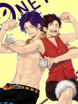  abs black_hair brothers freckles male monkey_d_luffy multiple_boys muscle neopara one_piece portgas_d_ace purple_hair shirtless shorts tegaki topless 