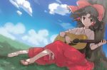  alternate_costume barefoot black_eyes black_hair bow bracelet cloud clouds feet guitar hair_bow hair_tubes hakurei_reimu instrument inuinui jewelry nail_polish short_sleeves single_shoe sitting sky smile solo touhou tree 