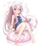  akino_coto animal_ears ball barefoot beachball blush cat_ears cat_tail goggles goggles_on_head grey_hair highres innertube long_hair multiple_tails original pink_eyes pink_hair pout school_swimsuit solo swimsuit tail 
