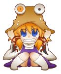  blonde_hair blue_eyes chibi cowering grimace gurageida hat_tug moriya_suwako simple_background socks solo tears touhou wide_sleeves 