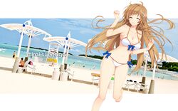  bare_legs bare_shoulders barefoot beach bikini braid breasts brown_hair cleavage closed_eyes danny_choo danny_choo_(website) dutch_angle eyes_closed hair_ornament hairclip highres iizuki_tasuku long_hair mirai mirai_suenaga navel smile solo string_bikini suenaga_mirai swimsuit swimsuit twin_braids wallpaper white_bikini 