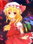  3535carrot blonde_hair crystal flandre_scarlet hat hat_ribbon moon petals puffy_sleeves red_eyes red_moon red_string ribbon short_hair short_sleeves side_ponytail solo string touhou wings wrist_cuffs 
