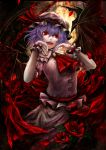  1girl absurdres ascot bat_wings blue_hair chain chains flower hat hat_ribbon highres kazabana_fuuka open_mouth petals red_eyes remilia_scarlet ribbon solo touhou wings wrist_cuffs 