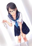  black_eyes black_hair collarbone down_blouse female glasses highres holding holding_panties leaning_forward long_hair looking_at_viewer norizou_type-r original panties panties_removed school_uniform serafuku simple_background skirt solo underwear white_background 