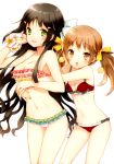  :o bare_shoulders bikini black_hair bow breasts brown_eyes brown_hair cleavage cuteg flower_bracelet frilled_bikini frills green_eyes hair_bow hair_ornament hairclip highres kannagi_miyabi kono_naka_ni_hitori_imouto_ga_iru! long_hair multicolored_bikini multiple_girls navel official_art red_bikini swimsuit tsuruma_konoe twintails very_long_hair 