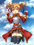  black_legwear breastplate brown_hair cloud clouds fingerless_gloves gloves jumping makirin open_mouth red_eyes short_twintails silica sky solo sword_art_online thigh-highs thighhighs twintails 