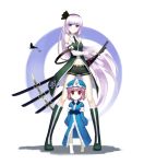  2girls adapted_costume adult alternate_costume alternate_hair_length alternate_hairstyle bare_shoulders belt blue_eyes butterfly child detached_sleeves feng_ze hair_ribbon hairband highres insect konpaku_youmu konpaku_youmu_(ghost) long_hair long_sleeves looking_at_viewer multiple_girls navel necktie pink_hair purple_eyes ready_to_draw red_eyes ribbon role_reversal saigyouji_yuyuko scabbard sheath short_hair shorts single_sock socks standing sword touhou triangular_headpiece very_long_hair weapon wide_sleeves young 