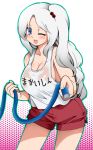  alternate_costume blue_eyes blush breasts cleavage clothes_writing fuantei highres hose long_hair shinki shorts side_ponytail sideboob smile solo tank_top touhou water_hose wet white_hair wink 