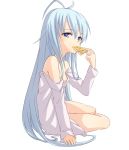  antenna_hair bare_legs bare_shoulders blue_eyes blue_hair denpa_onna_to_seishun_otoko eating food highres leaning long_hair miyo_(ranthath) off_shoulder pizza sitting solo touwa_erio white_background 