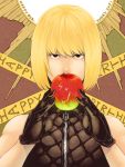  apple black_eyes black_gloves blonde_hair bob_cut death_note food fruit gloves leather male mello neopara solo tegaki vest 