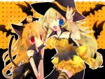  2girls animal_ears bat blonde_hair blue_eyes blush catgirl colorful_dot fuuna_thise halloween long_hair orange orange_hair original red_eyes skirt stars tail thigh-highs wings wink witch_hat 