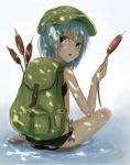  backpack bag bikini blue_eyes blue_hair blush cattail green_eyes hair_bobbles hair_ornament hat kawashiro_nitori looking_back looking_down open_mouth partially_submerged plant short_hair short_twintails side_ponytail sitting solo swimsuit touhou turning twintails water wrench yuu-rin 
