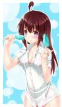  ahoge blush breasts brown_hair highres long_hair looking_at_viewer original pinky_out popsicle see-through solo sweat uyu_(keyakinoki) 