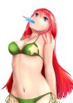  1girl bikini black_eyes green_bikini hong_meiling long_hair mouth_hold navel popsicle red_hair redhead side-tie_bikini solo soratobuiltusa swimsuit touhou white_background 