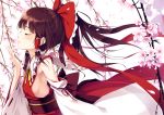  ascot bare_shoulders bow breasts brown_hair cherry_blossoms closed_eyes detached_sleeves eyes_closed hair_bow hair_tubes hakurei_reimu hand_to_mouth ke-ta long_hair ponytail side sideboob solo touhou 