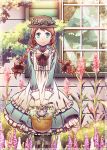  animal anne_of_green_gables anne_shirley basket blue_eyes bow braid cat flower freckles frills hat highres long_hair long_sleeves original red_hair redhead rose smile solo standing suou_sakura twin_braids window 