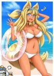  animal_ears beach bell bikini blonde_hair blue_eyes character_request innertube kouretsuken_mahiru long_hair shinrabanshou swimsuit tail urokozuki wolf_ears 