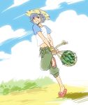  ahoge alternate_costume blue_hair cloud clouds flip-flops food fruit grass happy hat hatoful_kareshi holding kawara_ryouta male moa810 navel net official_art open_mouth pants personification red_eyes running sandals shadow sky solo standing_on_one_leg straw_hat t-shirt watermelon 