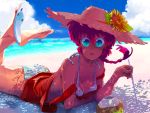  1girl apple-boy bikini blue_eyes braid coconut genderswap hat long_hair lying on_stomach ranma-chan ranma_1/2 redhead saotome_ranma single_braid straw_hat sun_hat swimsuit 