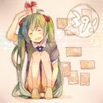  39 bad_id closed_eyes eyes_closed gift green_hair hatsune_miku long_hair musical_note non_(hey_you!) open_mouth ousaka_nozomi solo squatting twintails very_long_hair vocaloid 