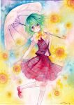  2012 bowtie dated floral_background green_hair kazami_yuuka mary_janes mosho plaid plaid_skirt plaid_vest puffy_sleeves red_eyes red_shoes shoes short_hair short_sleeves signature skirt skirt_set socks solo standing_on_one_leg touhou traditional_media watercolor_(medium) white_legwear 
