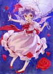  ama-tou ascot bat_wings blue_hair brooch flower hat hat_ribbon high_heels jewelry open_mouth outstretched_arm outstretched_hand parasol petals puffy_sleeves purple_eyes red_rose remilia_scarlet ribbon rose sash shirt shoes short_hair short_sleeves skirt smile solo touhou umbrella violet_eyes wings wrist_cuffs wrist_ribbon 