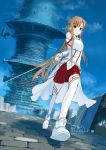  armor asuna_(sao) belt boots brown_eyes brown_hair chitose_shuusui cloud clouds long_hair skirt sky solo sword sword_art_online thigh-highs thighhighs tower weapon 