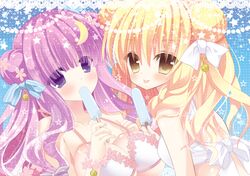  alternate_hairstyle blonde_hair blush collarbone crescent double_bun hair_ornament hasimo kirisame_marisa multiple_girls patchouli_knowledge popsicle purple_eyes purple_hair tongue touhou violet_eyes yellow_eyes 